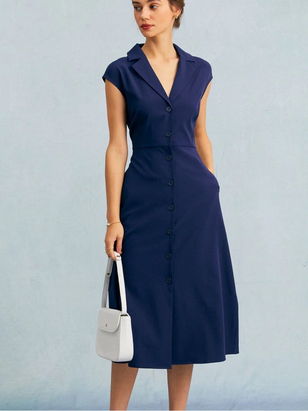 RIHOAS Navy Button-Front Collared Midi Dress